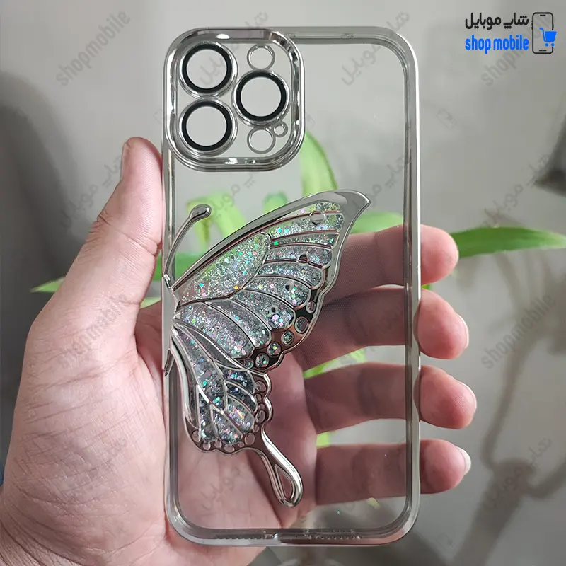 قاب گوشی آیفون 12 پرو مکس (کاور Unique محافظ لنز دار طرح بال پروانه آکواریومی رنگ نقره ای)