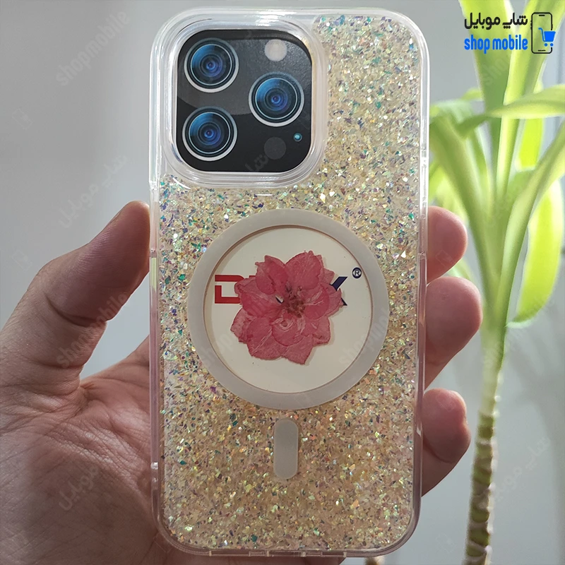 قاب گوشی آیفون 13 پرو مکس (کاور مگ سیف شفاف طرح شاینی با گل)