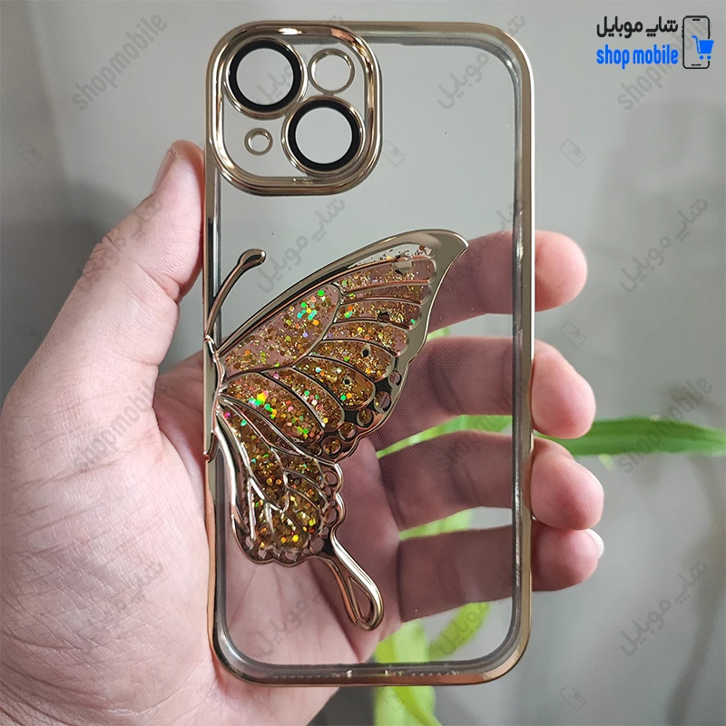 قاب گوشی آیفون 15 (کاور Unique محافظ لنز دار طرح بال پروانه آکواریومی رنگ طلایی)
