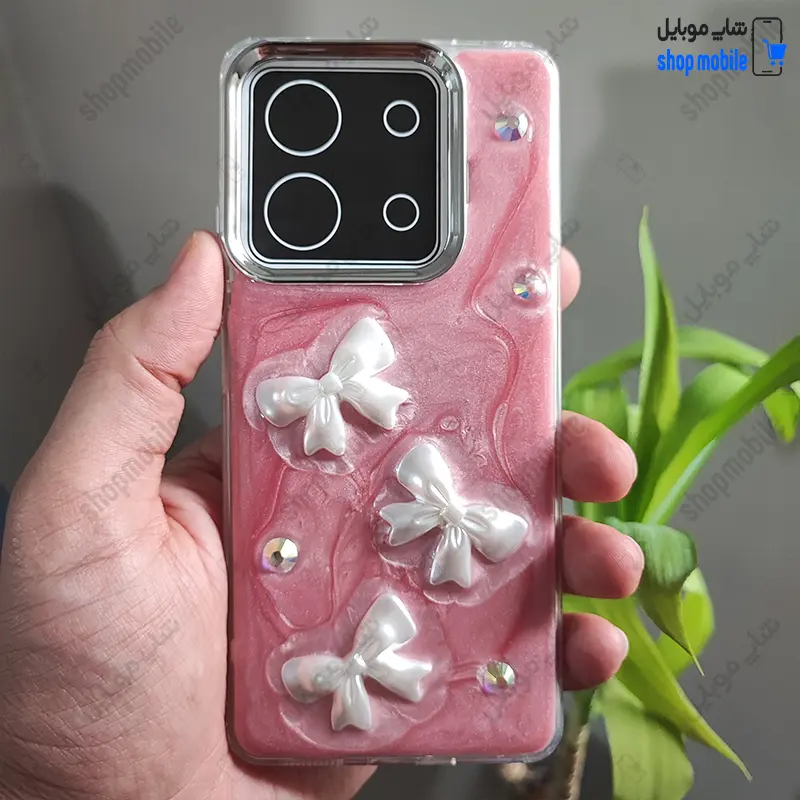 قاب گوشی شیائومی ردمی نوت 13 پرو 5G (کاور رزینی برجسته طرح پاپیون رنگ گلبهی)